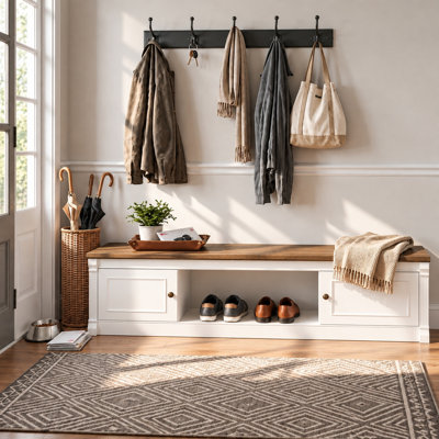 Banc de rangement pour chaussures 63 po avec 2 armoires et casier ouvert, blanc et brun