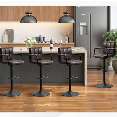 4Piece-Adjustable Black Brown Height Swivel Upholstered  Barstool With Metal Frame