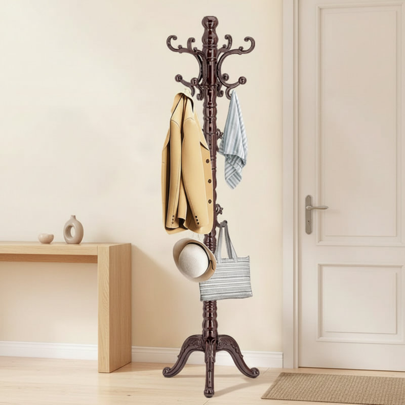 Vintage Birchwood Floor-Standing Coat Rack With A Stable Triangular Base And 14 Hooks. A Classic Design Suitable For Entryways Or Offices.