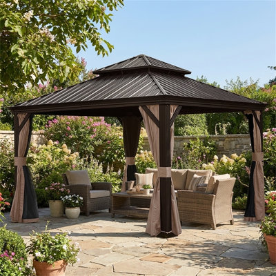 12' X 12' Hardtop Gazebo, Upgraded Metal Gazebo With Drainage System, Brown