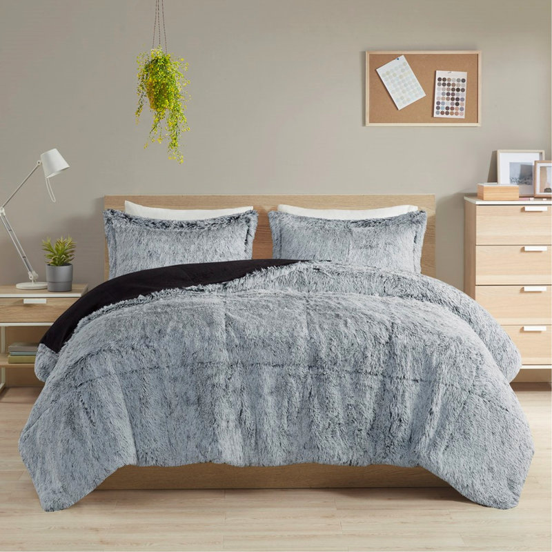 Édredon gris simple / simple TG avec fourrure à poils longs élégante, chaud, inclus et 1 taie décorative, transformant votre espace de sommeil