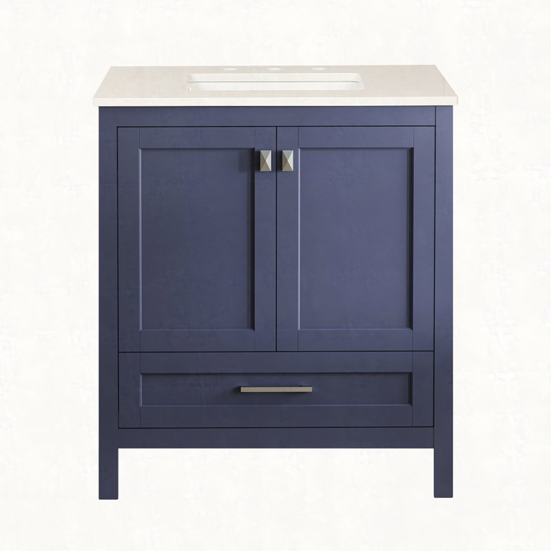 Meuble-lavabo de salle de bain 30 po avec lavabo, comptoir en marbre entièrement assemblé, bleu marine