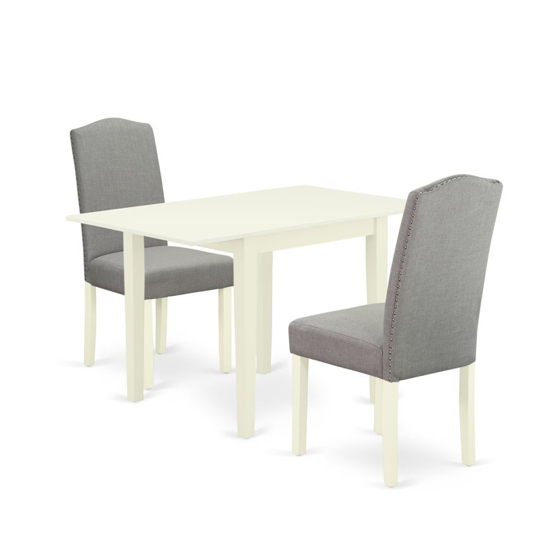 L'ensemble de table de salle à manger 3 pièces comprend une table de salle à manger rectangulaire avec des feuilles décoratives et 2 chaises rembourrées en lin Shitake foncé, 30 x 48 pouces, blanc lin