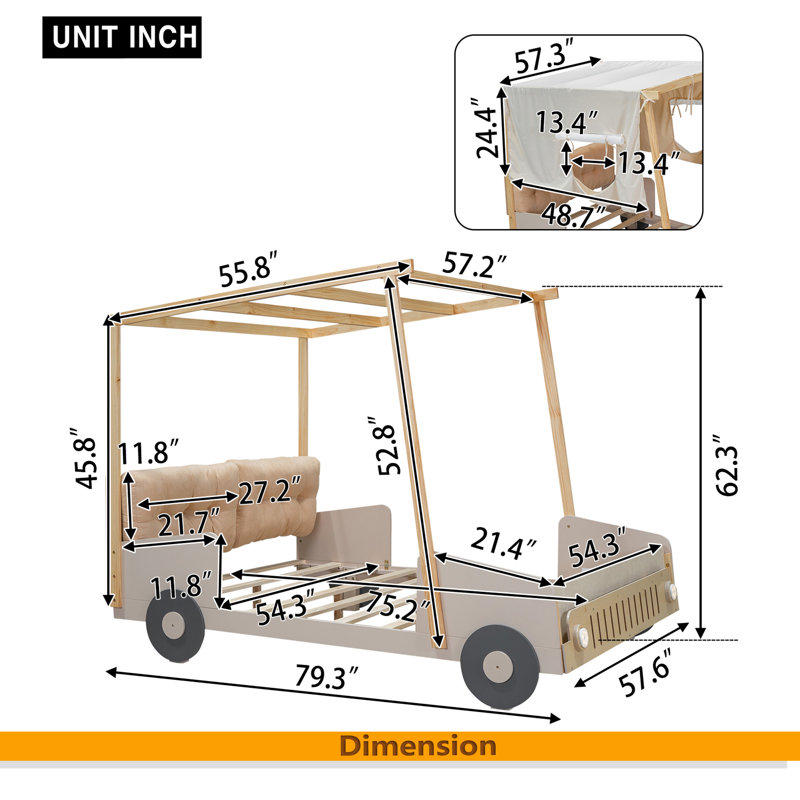 Lit voiture double en bois avec coussin, toile de plafond et DEL