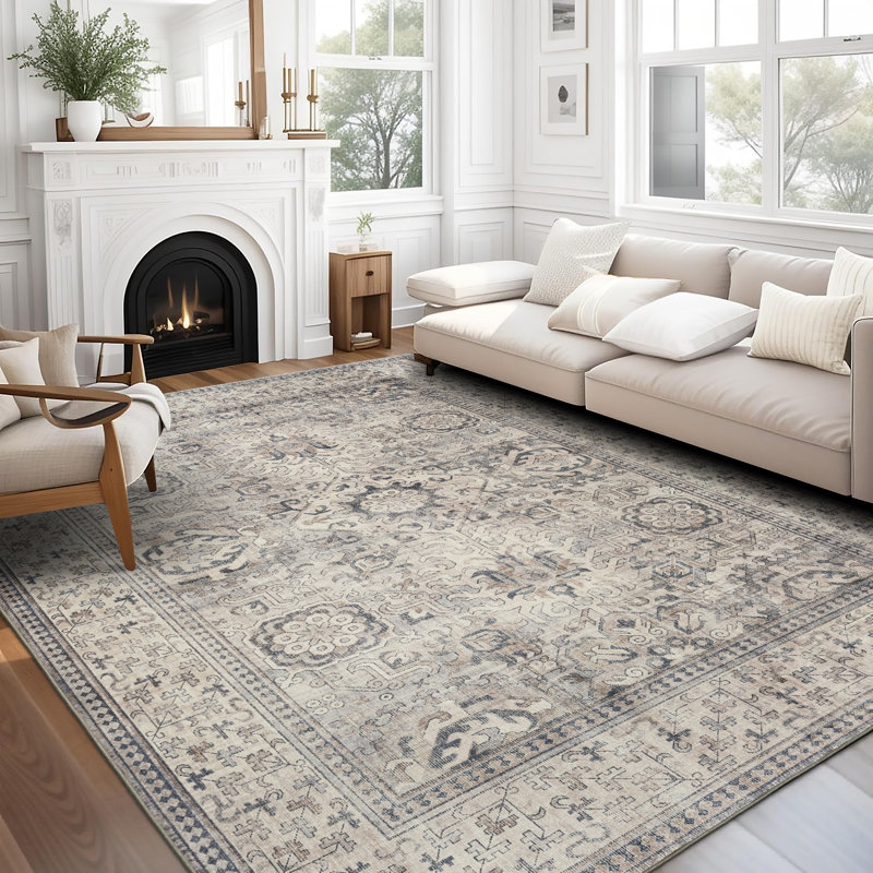 Tapis beige / gris ivoire Nel Paz, Rectangle 7 pi 6 po x 9 pi 6 po