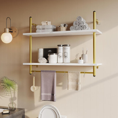 Tablette flottante avec barre à serviettes et crochets - Tablette de rangement murale industrielle pour la cuisine, la salle de bain, le salon - Conception robuste en fer forgé et en panneaux de particules
