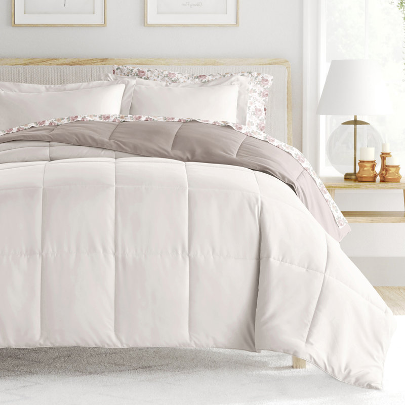 7-Piece Reversible Bedding Bundle - Solid Comforter and Patterned Sheet Set, Beige Floral