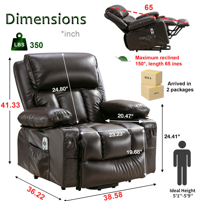 Bucklebury Wesley Faux Leather Lift Recliner with Massage & Heater Cup Holders, USB Port, Brown