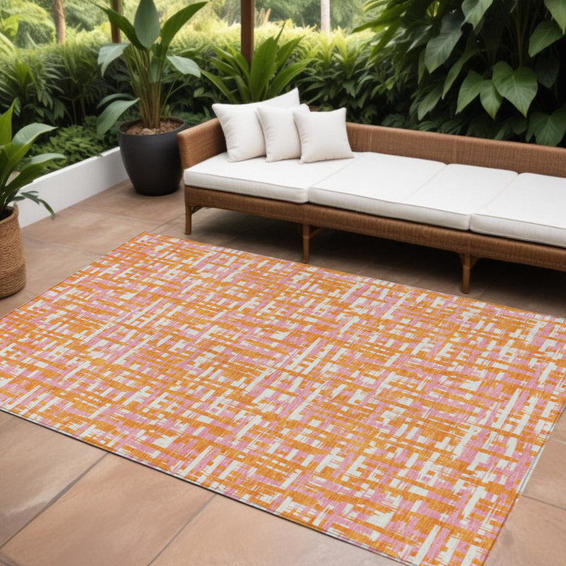 Tapis extérieur lavable abstrait 10 pi x 14 pi orange et rose