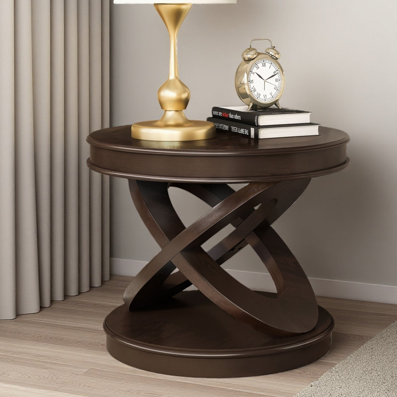 Retro Round Wooden End Table, Sofa Side Table With X-Shape Base For Family Dining Or Living Room, Espresso