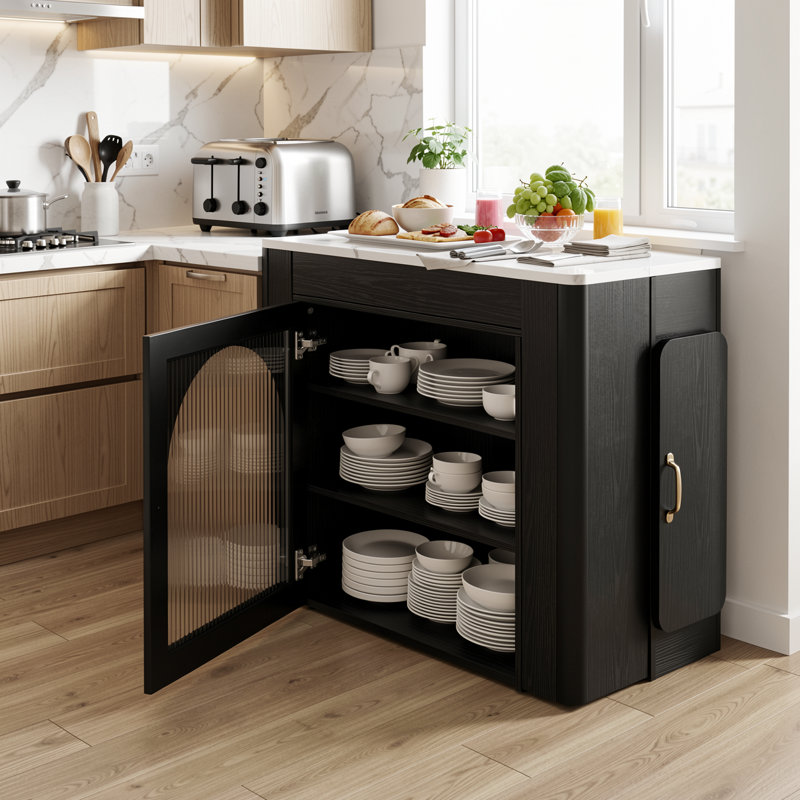 Extendable Dining Table with 3 Removable Leaves, Rolling Island, Power Outlets, Storage Cabinet, Black & Marble White, Black