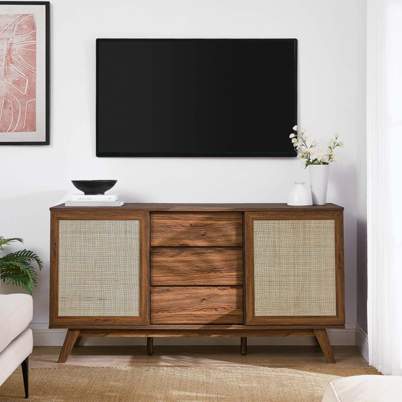 Soma 59" Walnut and Rattan Mid-Century Modern Sideboard