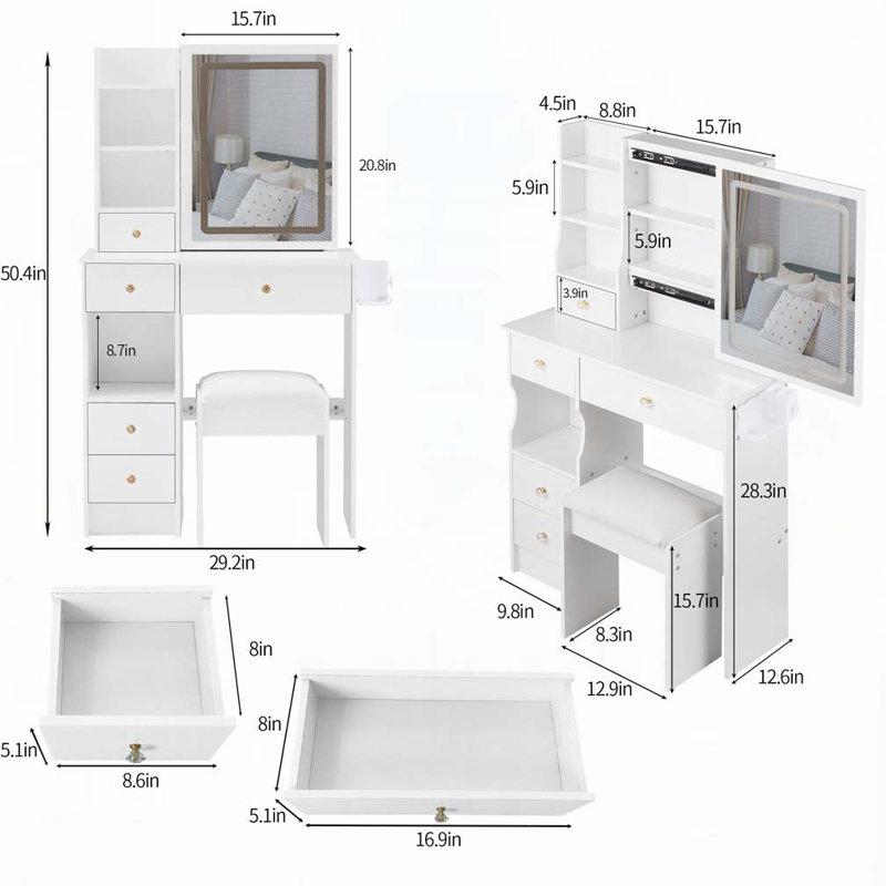 29.2" Small Size Left Drawer Desktop Vanity Table + Cushioned Stool, 2 AC+2 USB Power Station, Hair dryer bracket, Extra Large Touch Control Sliding LED Mirror, Tri-color Switching, Brightness Adjust