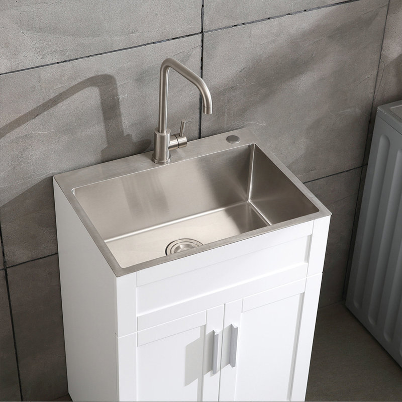 24In Silver Brushed Stainless Steel Sink With Strong Faucet And Drain 12 Gauge Thick Edged Noise Reduction -