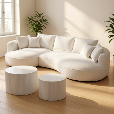 Minimalist Living Room Set Included Round Fluted Coffee Tables, 125"  L-Shape Sectional Curved Sofa with Right Chaise, White Boucle Upholstery 
