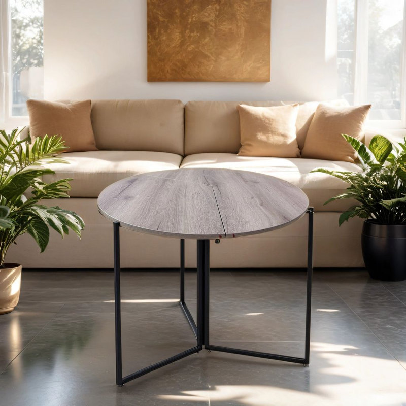 Table de jeu ronde pliante de 109 cm de diamètre – Conception pliable en trois parties, gain de place, avec piètement en fer et plateau en bois d'ingénierie, couleur naturelle