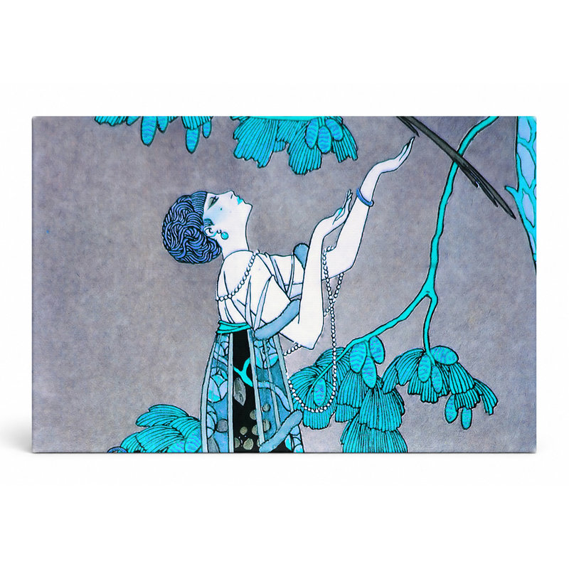 Femme avec oiseau et cage à oiseaux, 20" W x 16" H