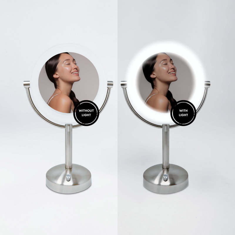 1X/10X Magnifying Double-Sided Lighted AC Plug-In Chrome Tabletop Mirror