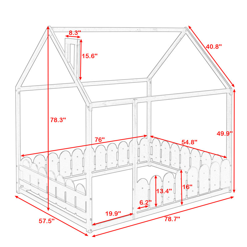 Lillyth Full Size Wood House Bed Frame with Fence, White