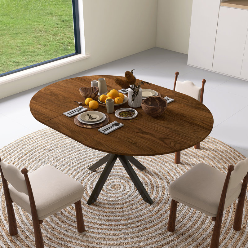 Table de salle à manger rétractable, table de salle à manger ronde, table de salle à manger extensible, base en acier au carbone pour 6 personnes, mobilier de salle à manger moderne et simple en placage de bois massif (de 42 po à 58 po) - Table seule