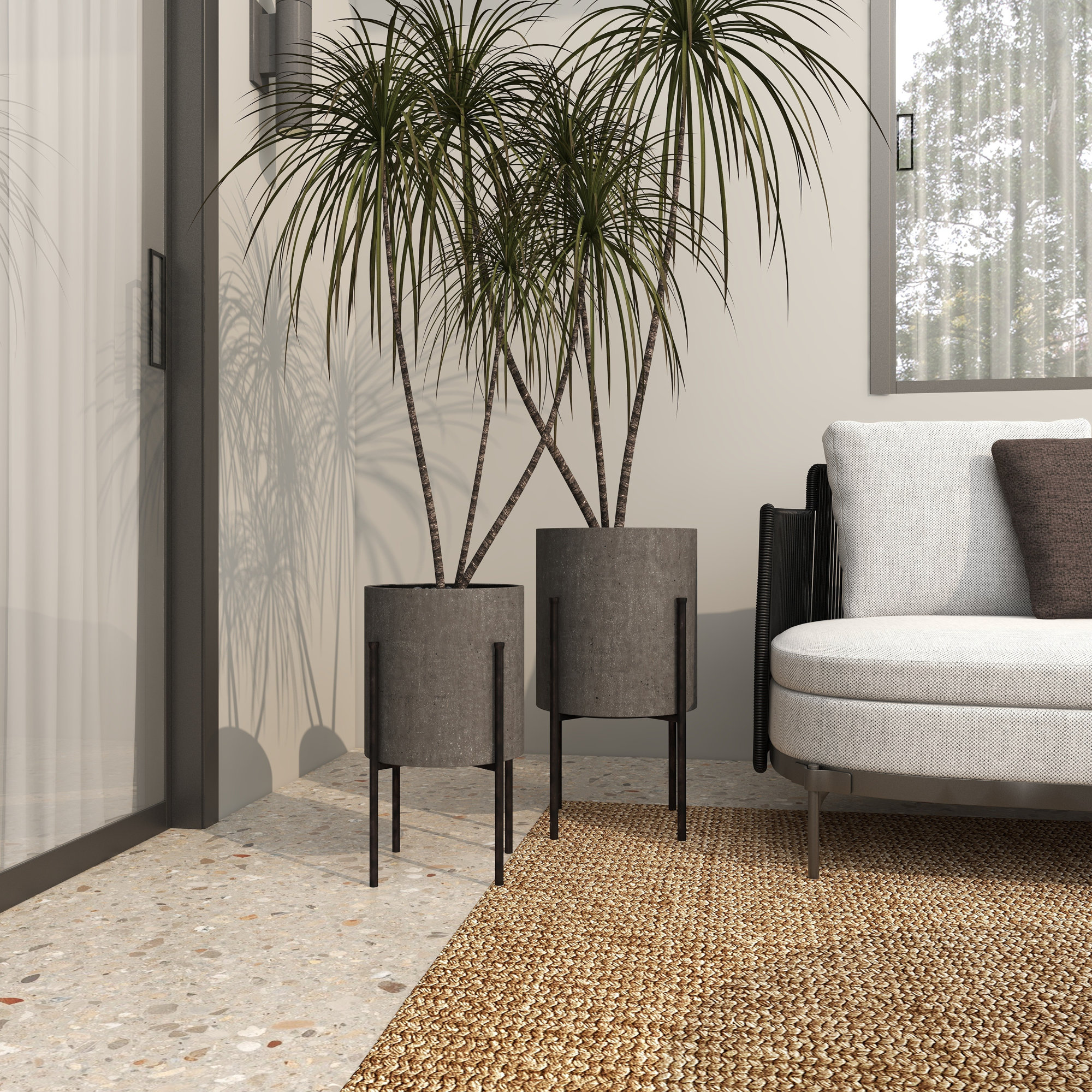 2 Piece Metal Textured Minimalistic Indoor Outdoor Planter with Black Removable X-Stands Set, Gray