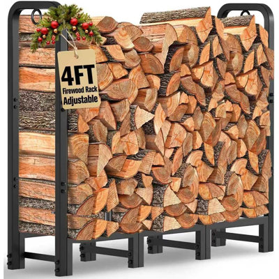 Firewood Log Rack Outdoor 4Ft Heavy Duty Logs Holder For Fireplace Indoor Outdoor Adjustable Wood Racks For Fire Wood Holder Metal Pile Stand Storage Stacker Organizer Black