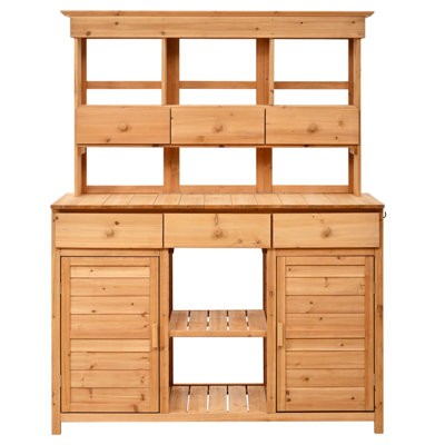 Table de jardin de 65 po de hauteur avec huche, poste de travail de patio naturel avec 3 tablettes, 6 tiroirs, 2 armoires de fond et crochets latéraux pour le vestibule et la porte
