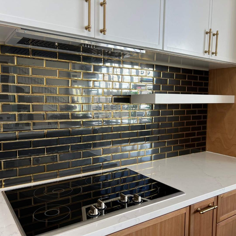 Athena Black 15" X 12" Glass Mosaic Wall Tile, Gold