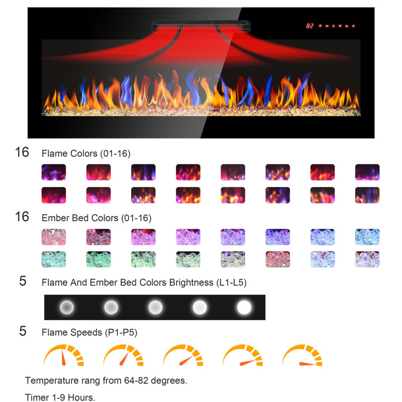 42" Electric Fireplace, Double Protection, 16 Flame Colours, Mounted & Built-In Style Wall Fireplace 42", 5000 /H Heat Output, Remote Control, 5 Settings Of Brightness