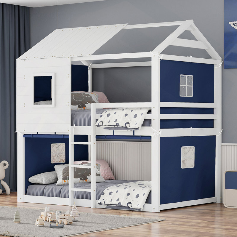 Lit superposé en bois avec tente, Bleu