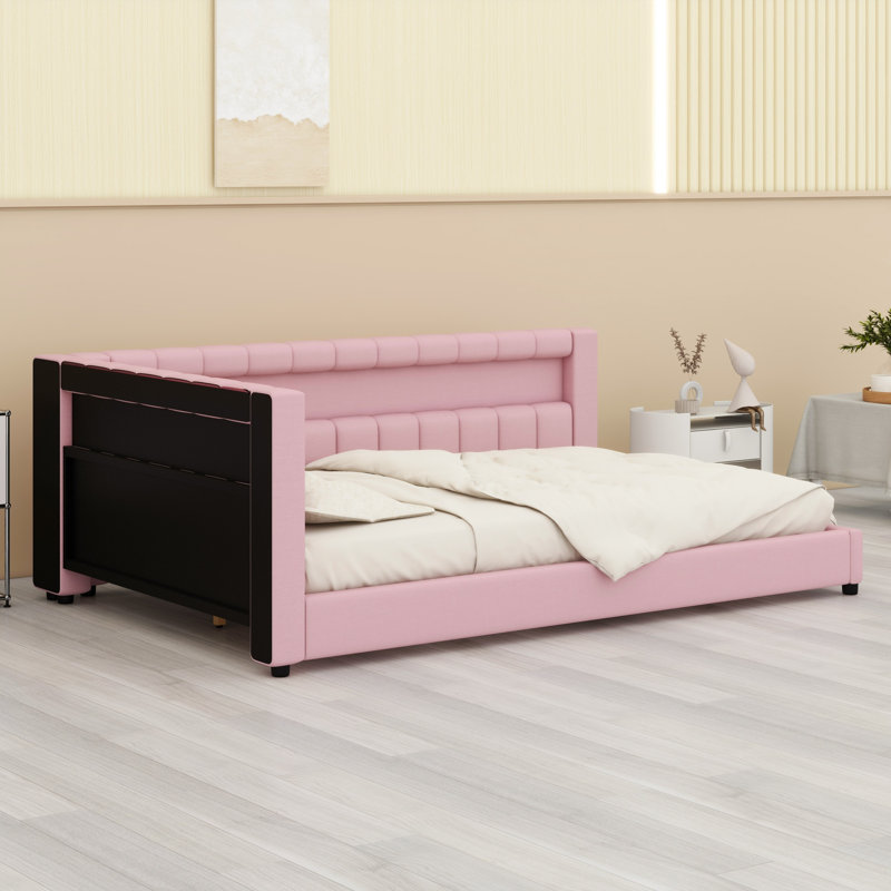 Structure de lit rembourrée avec éclairage DEL et ports USB, Double XL, Rose
