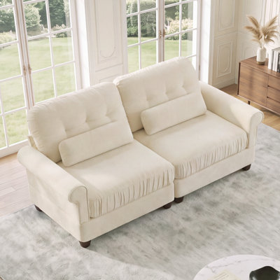 Canapé 2 places en chenille, coussin d'assise à bord froncé, accoudoirs arrondis avec coussins de soutien lombaire, assise ferme et moelleuse, montage rapide, idéal pour les petits espaces (appartement, salon, chambre), beige