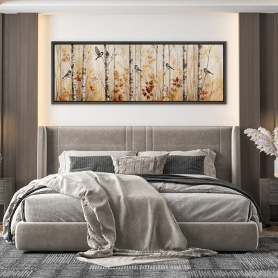 Birch Forest Red Cardinal Birds Winter Woodland Wall Decor - Large Framed Canvas Master Bedroom Wall Art Print