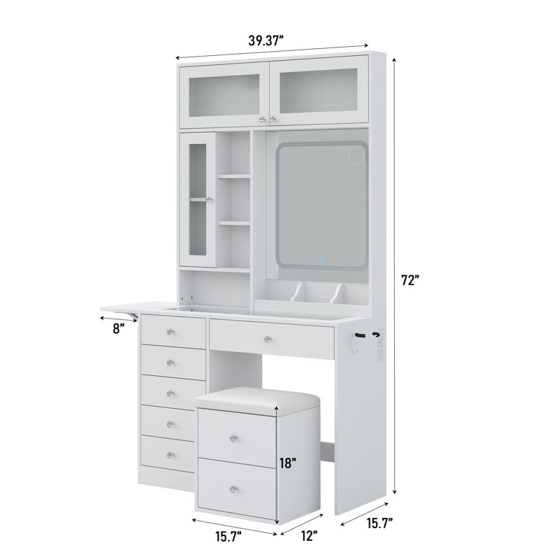 Jamair Desk With Mirror And Lights, Makeup Jamair With Drawers And Storage Stool, Makeup Desk With Glass Top And Power Outlet, Dressing Table For Bedroom
