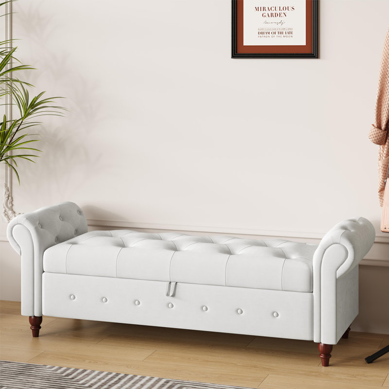 Banc de rangement Conring, banc de rangement rembourré avec repose-pieds, Blanc, crème, H 24 po x l 63 po x P 22 po