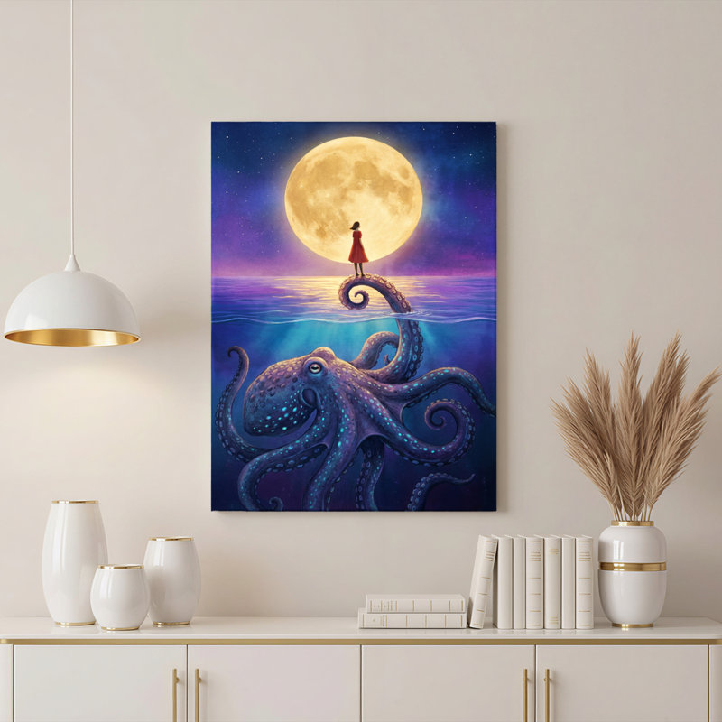 Pieuvre et fille au clair de lune, reproduction d'art sur toile tendue sur toile, ensemble de 1, H 18 po x l 12 po