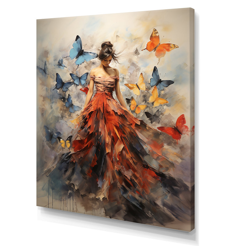 Papillon et femme dansant I - art mural papillon, H 32 po x l 16 po, Toile tendue, Sans cadre