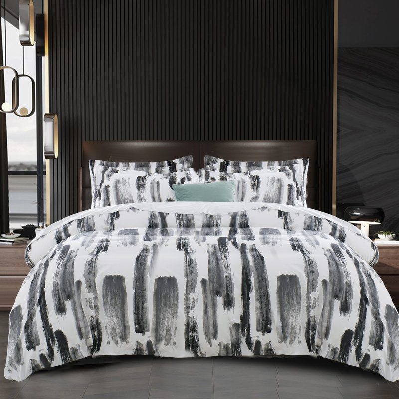Microfiber Flora Reversible Duvet Cover with Pillowcases, King Duvet Cover + 2 Standard Pillowcases, Grey Striped