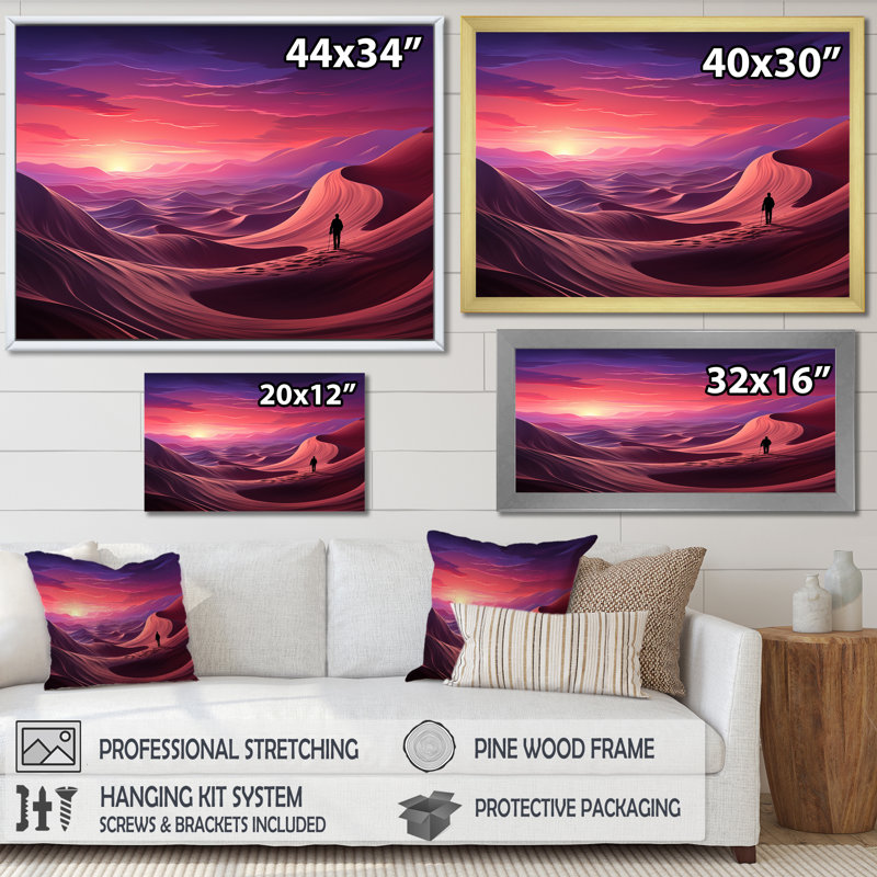 «Mauve et rose», homme perdu dans le désert I - Art mural paysages spatiaux, H 30 po x l 40 po x P 1,5 po