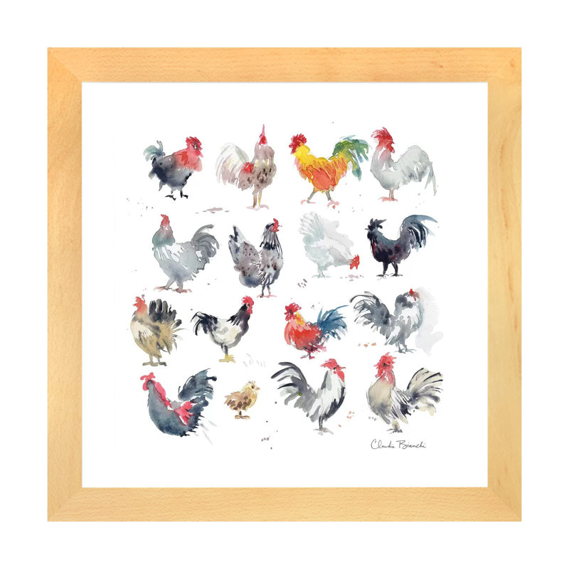 Mini Chickens par Claudia Bianchi - reproduction d'art, Toile avec cadre en bois beige, Blanc, H 16 po x l 16 po x p 1 po