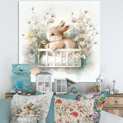 «Baby Bunny In Crib With Flowers I», reproduction sur toile