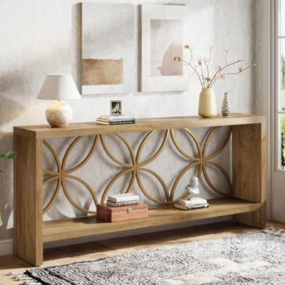 Console en bois et en acier avec tablette ouverte géométrique, canapé de style campagnard pour entrée et salon - Finition naturelle