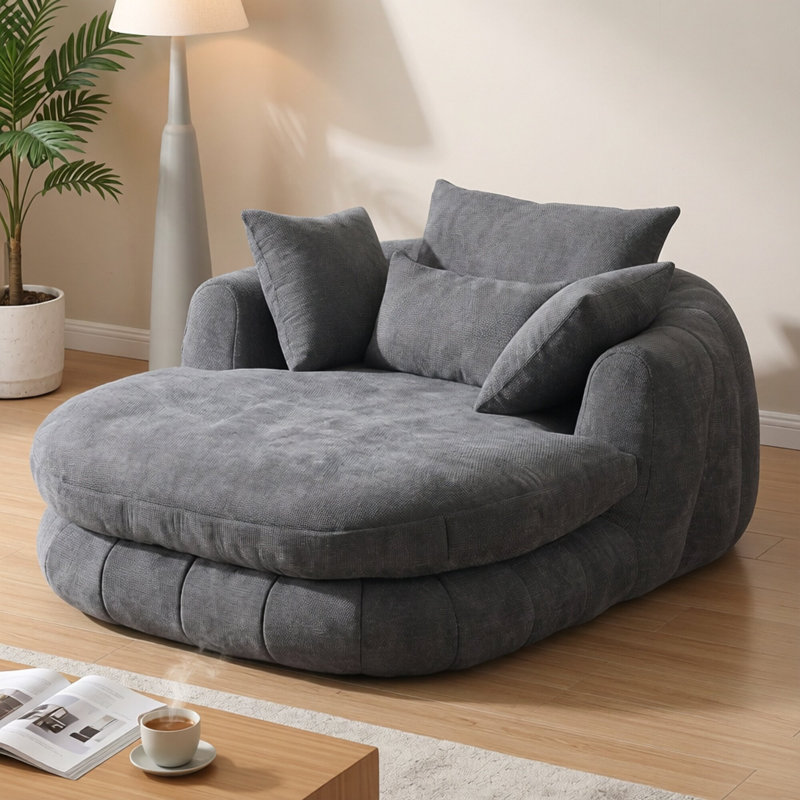 Causeuse ronde surdimensionnée, causeuse 57 x 73 po, tissu chenille gris, fauteuil de détente pour le salon