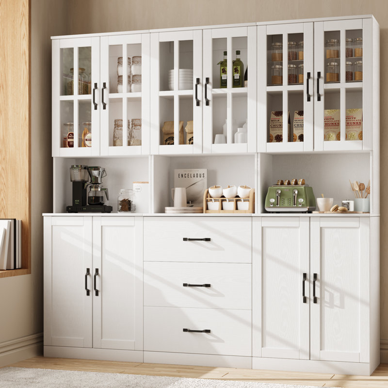  71" H X 71" W Kitchen Pantry With Bookcases, Glass Door Kitchen Hutch With Drawer And Spacious Countertops(ABA),White, White