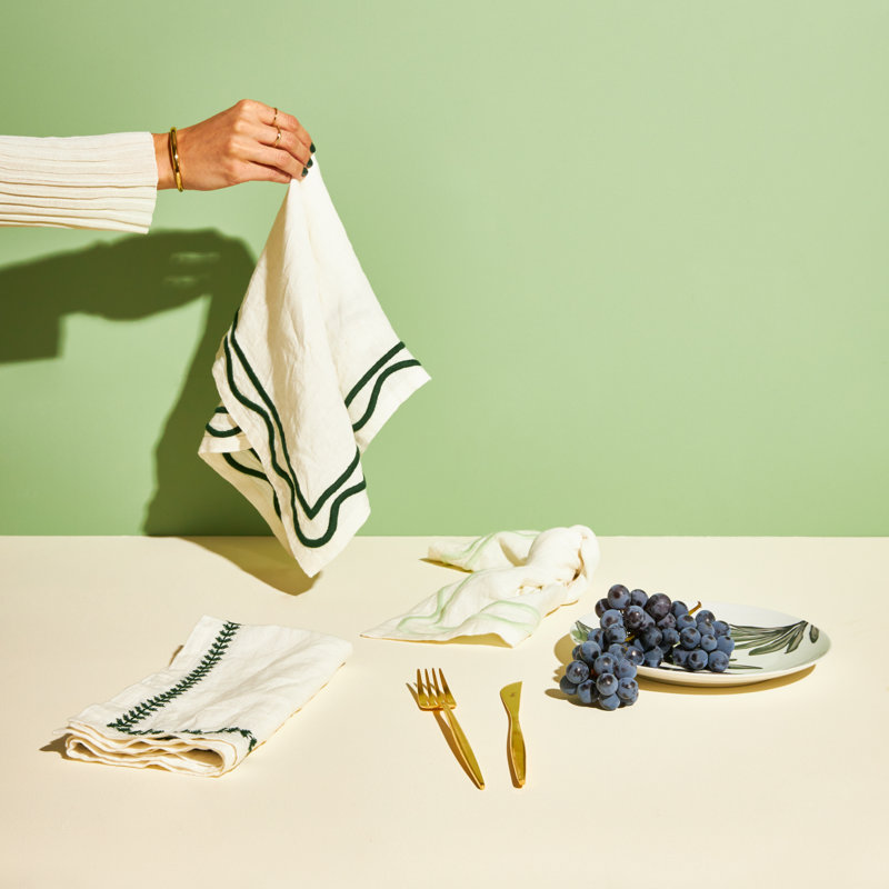 Colorblock Embroidered Linen Napkins, Dark Green