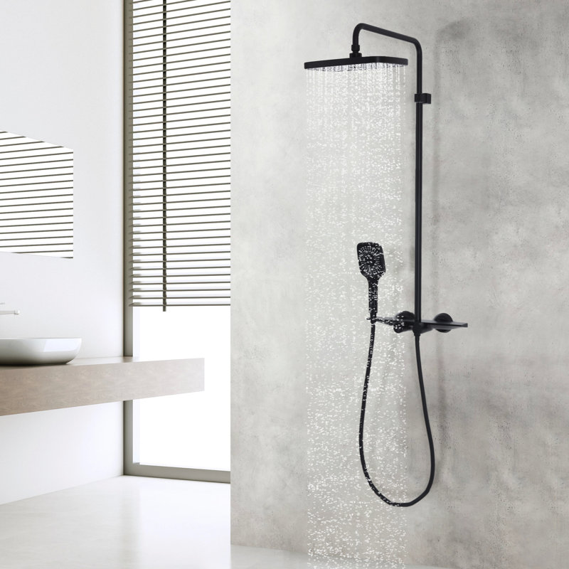 Système de douche mural complet 4 fonctions anti-brûlure Système complet de douche avec pomme de douche à effet de pluie, douchette et valve thermostatique, noir mat