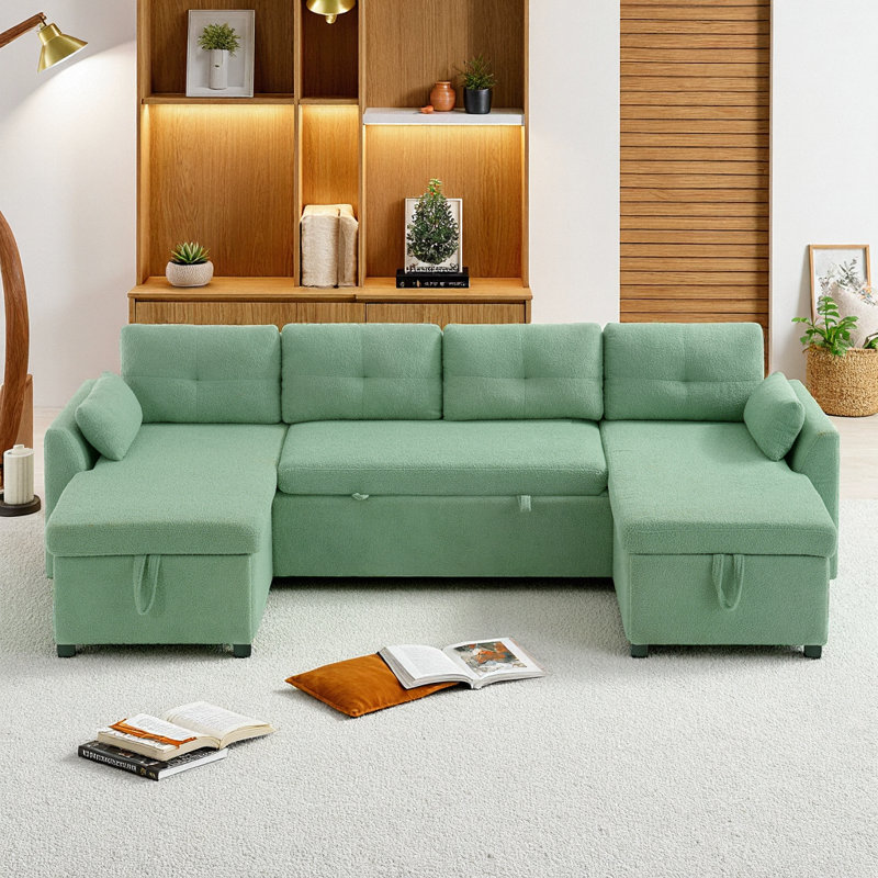 Modern U-Shaped Sleeper Sofa with Storage & USB Ports - Beige Teddy Fabric, Green