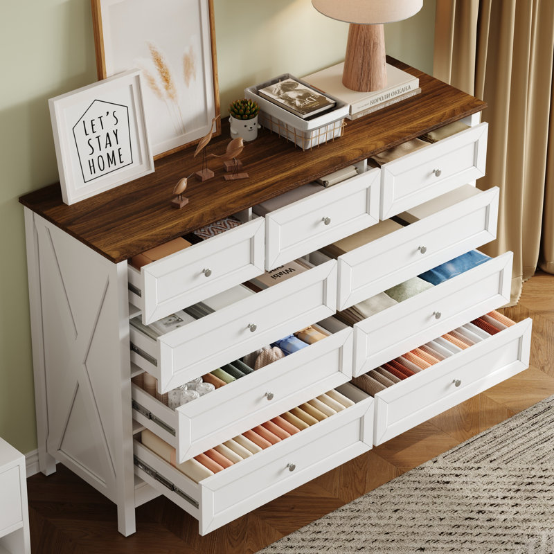 Commode de rangement rustique à 9 tiroirs, Brun / Blanc