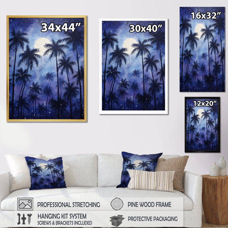 «Indigo Mystical Plam Tree Magic Impressions III», reproduction sur toile, H 44 po x l 34 po x P 1,5 po, Encadrement doré
