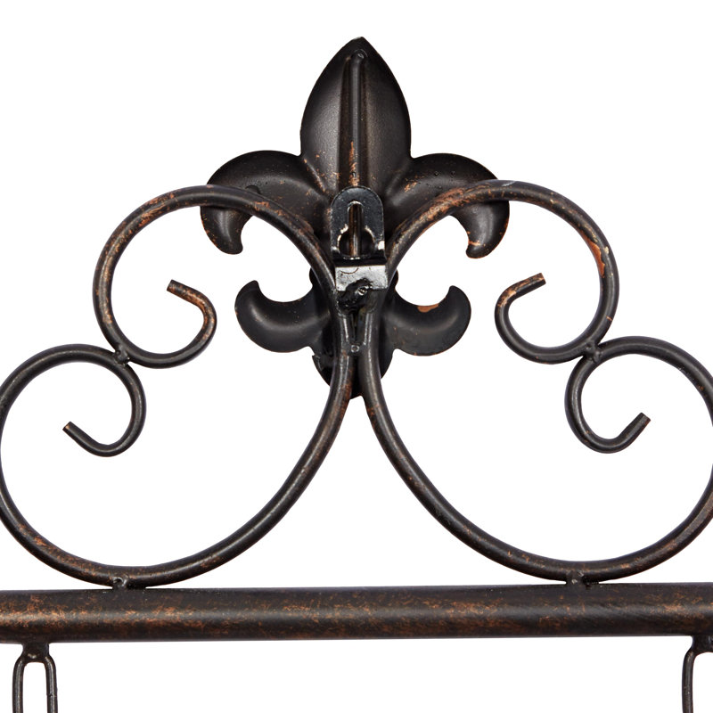 Décoration murale en métal suspendue fleur de lys bronze avec support à volutes